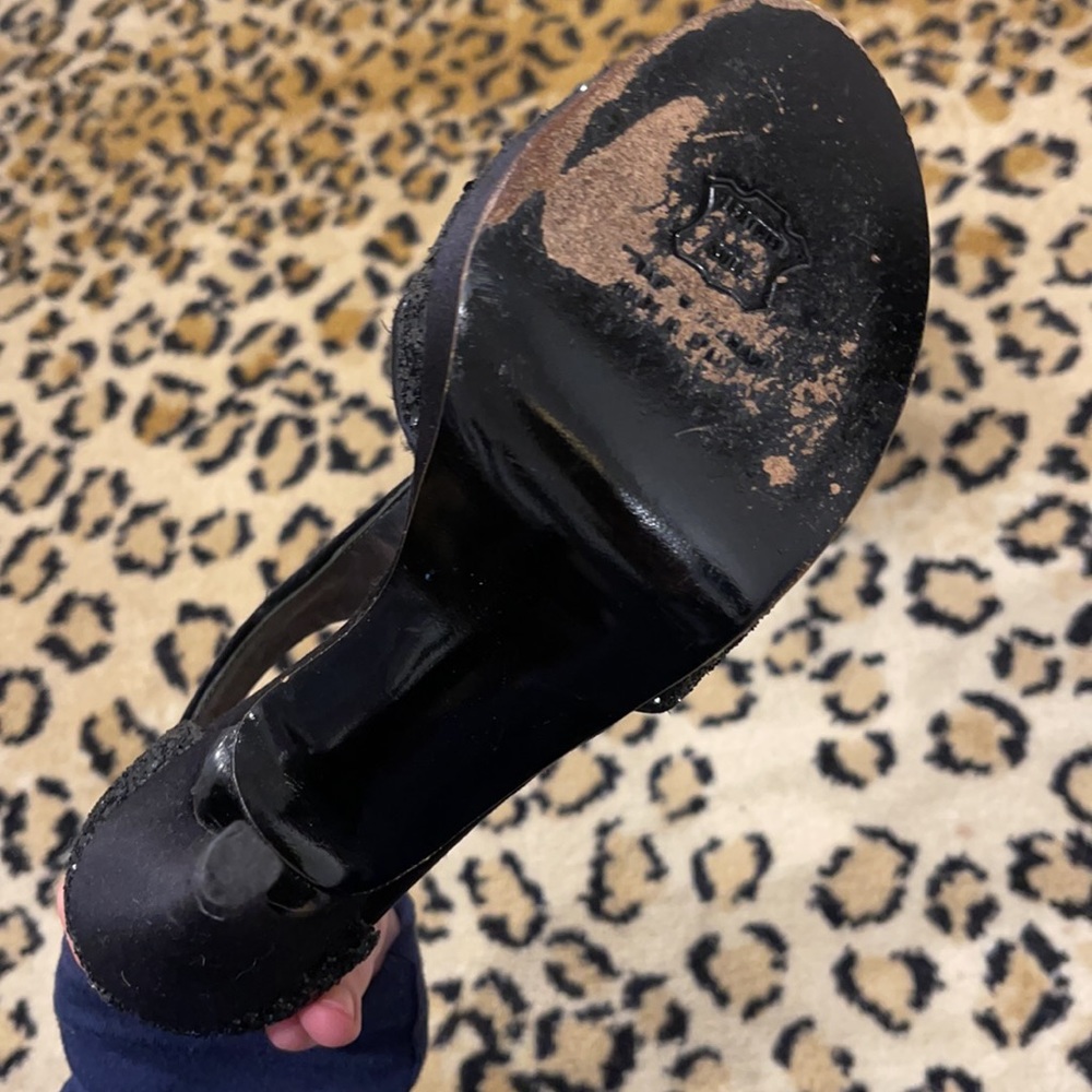 Stuart Weitzman Open Toe Glitter T-Strap Black Sa… - image 5